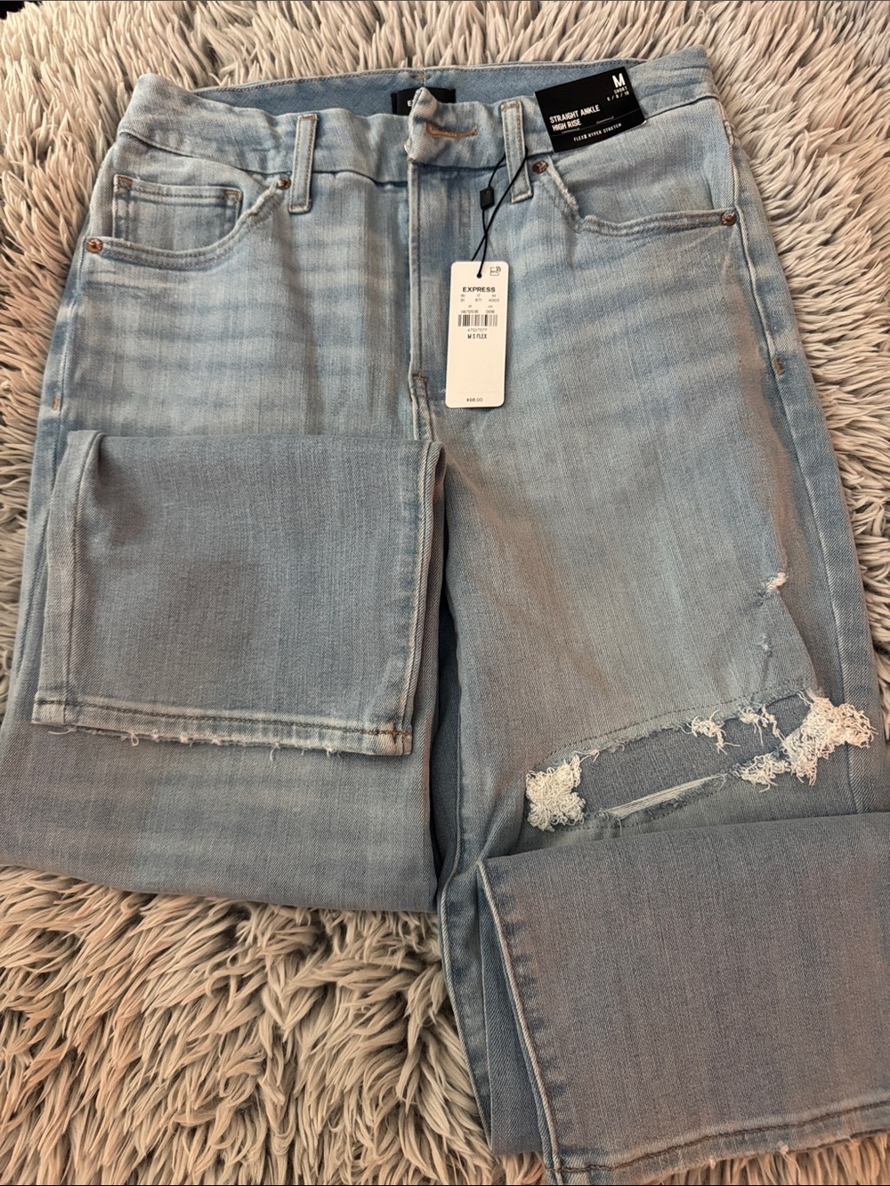 Express Women’s Light Wash Distressed Straight Leg Jeans